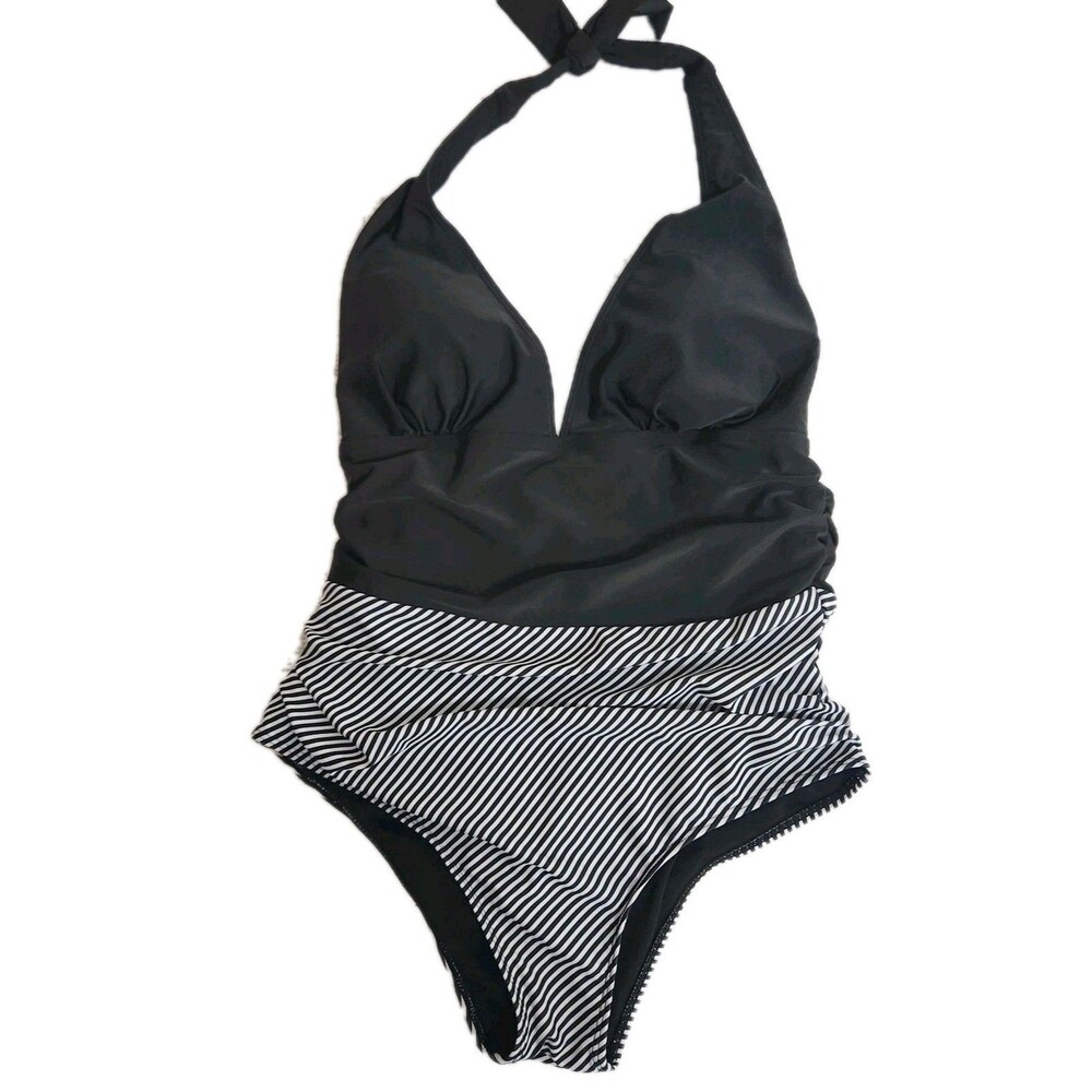 Womens 1 Pc. Swimsuit Bathing Suit LARGE Black Stripe Tie Halter Ruched Padded